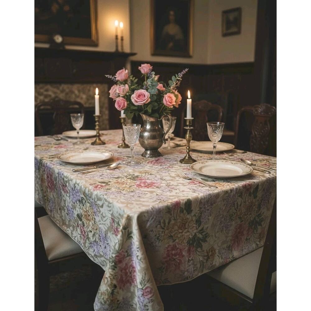 Vtg Cream Floral Jacquard Retro Flowers Kitchen Dining Decor Tablecloth 82"x58"